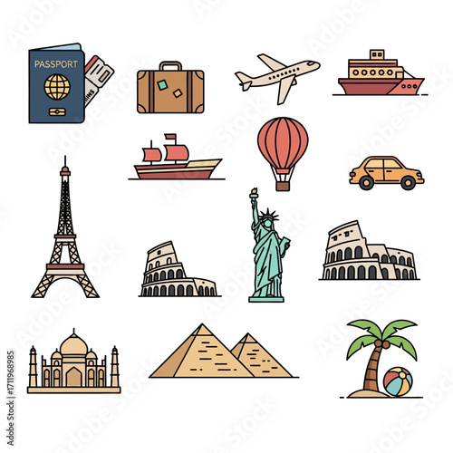 World Travel Icons - Passport, Plane, Landmarks, and More.