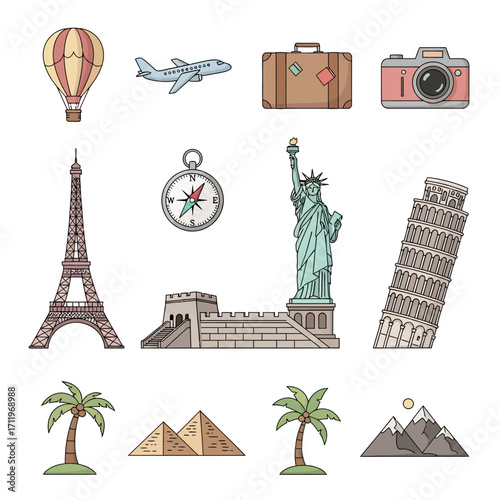 World Travel Landmarks and Icons - Eiffel Tower, Pyramids, Statue of Liberty.