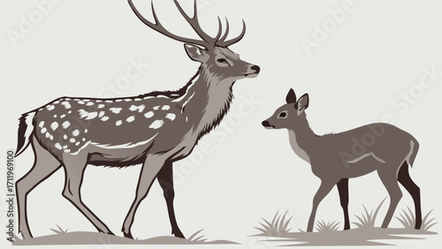 Illustration of an adult deer and fawn wildlife animals nature scene forest animals spotted deer buck doe wildlife art fauna mammal elegant deer graceful deer animal portrait wildlif.