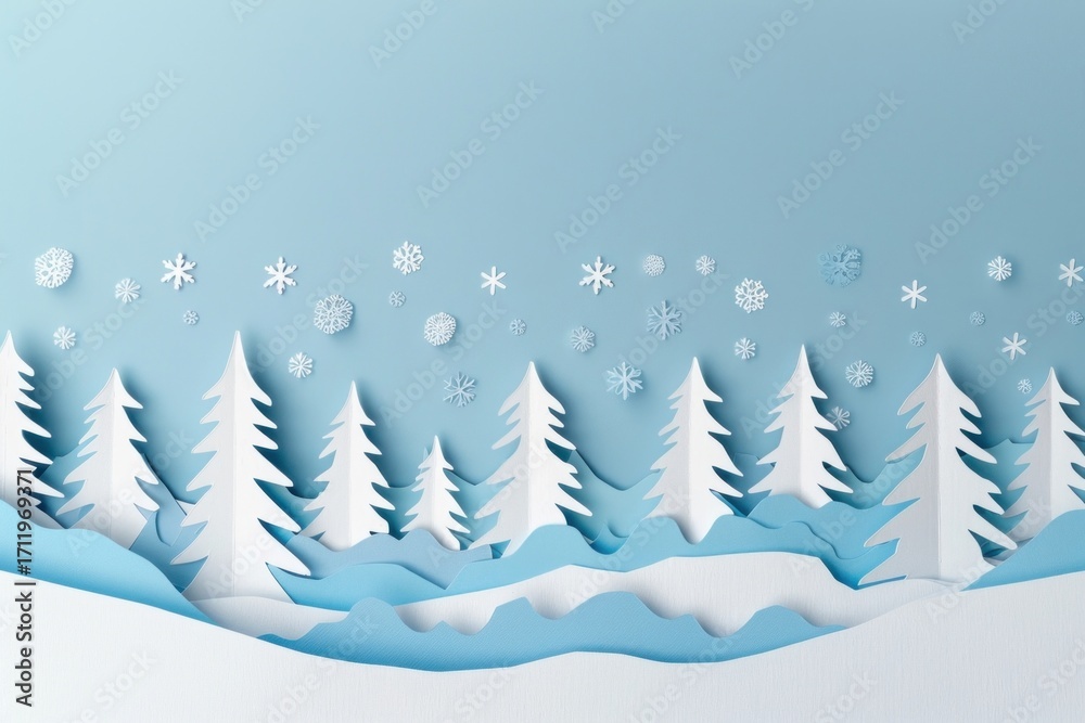 Fototapeta premium Pine forest and snowfall background winter white paper.