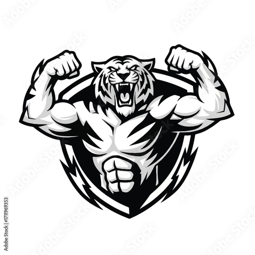 A powerful, muscular tiger flexing its biceps in a fierce pose, depicted in a black and white graphic style.