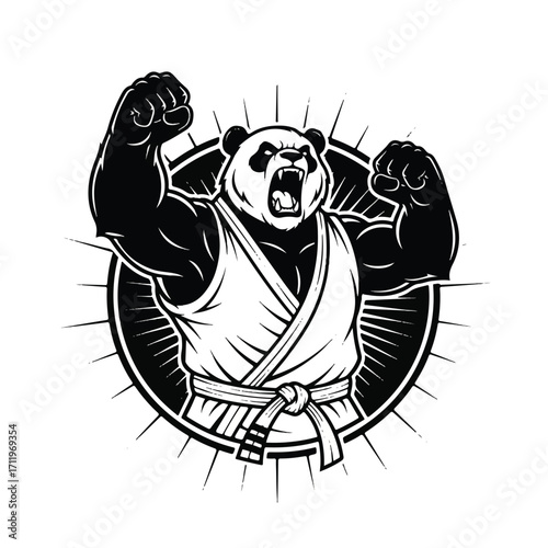 A fierce, muscular panda bear in a martial arts gi, roaring and flexing its powerful biceps in a black and white illustration.