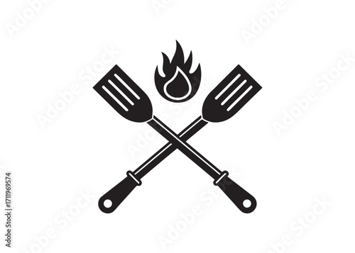 Crossed BBQ Forks with Flame:  Bold Black and White Grill Icon, Vintage Style, Hot Summer Food Graphic.