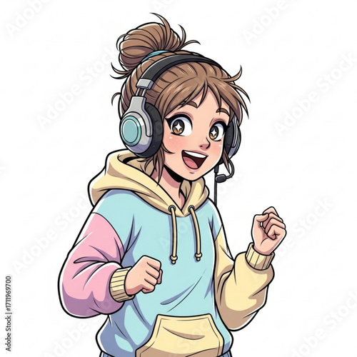 Illustration of young girl with headphones listening to music