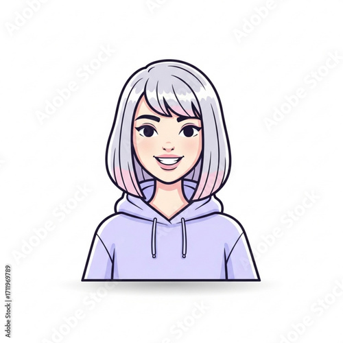 Illustration of young woman with short silver hair wearing a hoodie
