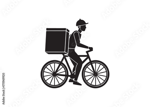Delivery Person Riding Bicycle with Package; Black and White Silhouette; Efficient Delivery Service Illustration.