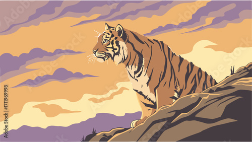 Majestic Tiger on a Hilltop at Sunset Wildlife Art Animal Illustration.