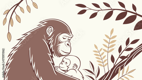 Mother ape cradling her baby ape in a stylized illustration with foliage background.