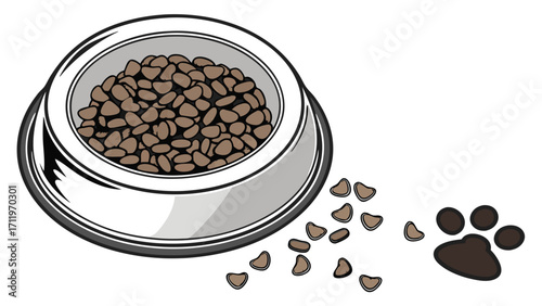 Pet food in bowl kibble paw print illustration vector graphic.