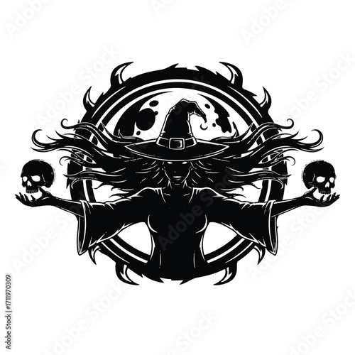 Witch with skulls in hands, wearing hat, in front of moon and circle.
