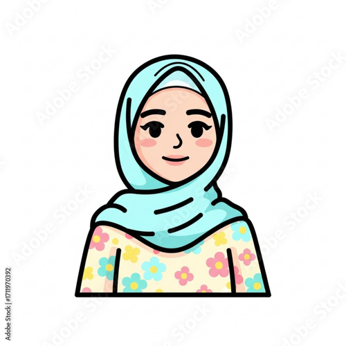 Illustration of cartoon illustration of a young muslim woman wearing a light blue hijab