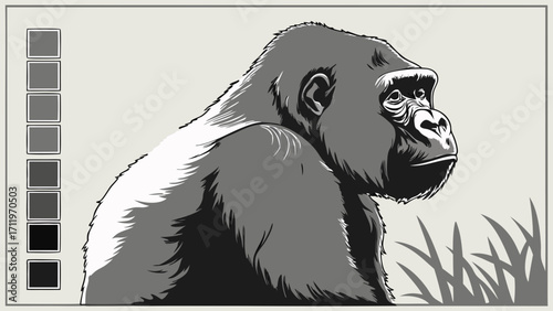 Powerful Gorilla Portrait Monochrome Animal Illustration Wildlife Art Graphic Design Element.