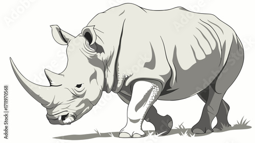 Rhino illustration grey white background wildlife african animal vector art endangered species horn mammal fauna powerful strong herbivore nature wilderness zoology animal portrai.