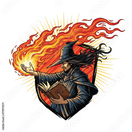 A powerful wizard with a pointed hat and long hair conjuring a large flame while holding a spellbook.