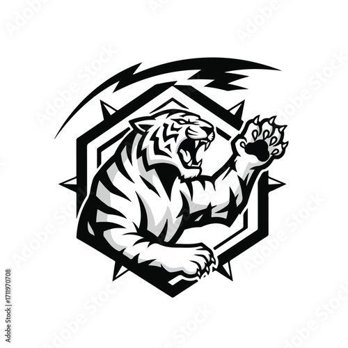 A roaring tiger with a raised paw, depicted within a hexagonal frame with stylized lightning bolts, creating a powerful and aggressive design.