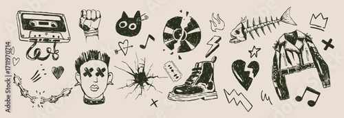 Hand drawn punk rock doodle set with cassette, leather jacket, mohawk, boots, barbed wire, broken heart, razor blade, vinyl and rebellious grunge elements. Vector illustration.