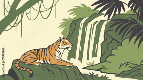 Serene Tiger in Lush Jungle Landscape with Waterfall Illustration.