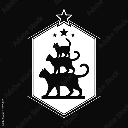 Black and white logo featuring a stack of three cat silhouettes inside a hexagon.