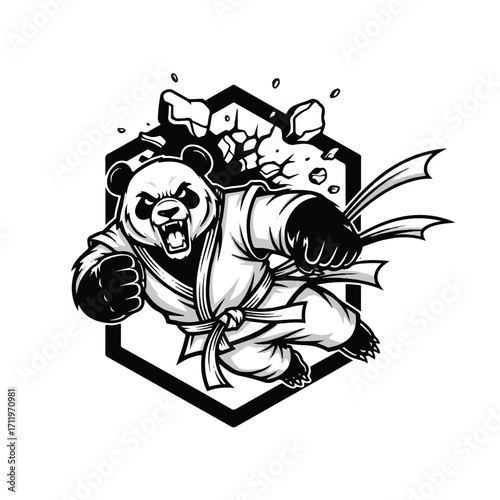 A fierce panda in a martial arts pose, breaking through a hexagonal shield of debris, showcasing power and aggression.