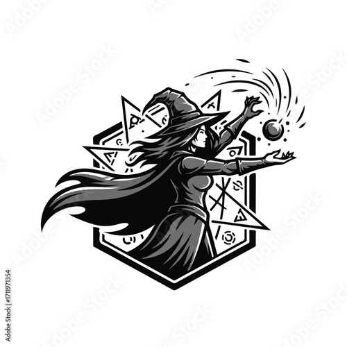 Monochrome illustration of a witch in a pointed hat and flowing cape casting a magical spell with an orb of energy.