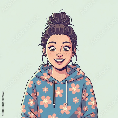 Illustration of a happy young woman with a messy bun and a floral hoodie