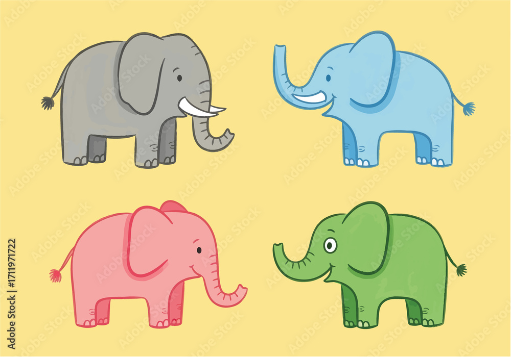 Fototapeta premium Four Cute Cartoon Elephants in Different Colors