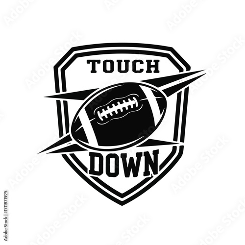 Black and white American football logo featuring a shield, a football, and the words 'TOUCH DOWN' for sports branding.