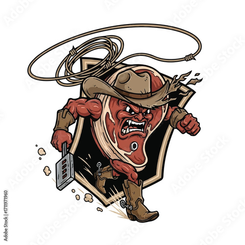 A fierce cartoon steak character wearing a cowboy hat and boots, wielding a branding iron and lasso.
