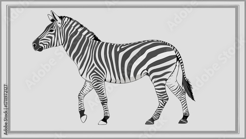 Striped Equine Animal Monochrome Illustration Wildlife Art African Animal Design Black and White Zebra Graphics Nature Print Elegant Zebra Image Zoo Animal Wild Horse Equus Mammal Safa.