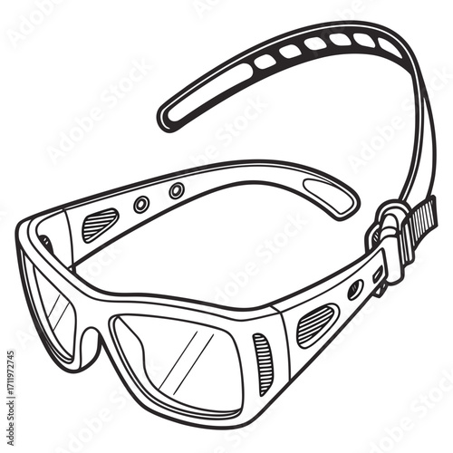 Black and white line drawing of sports goggles with strap on white background eyewear protective