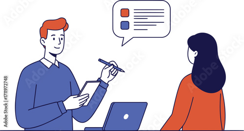Two people discussing a survey report on a laptop