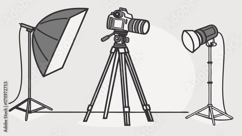 Studio Photography Setup DSLR Camera on Tripod with Lighting Equipment.