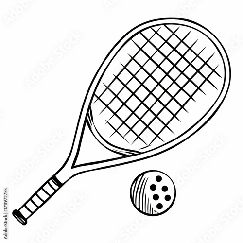 Black and white line drawing of a tennis racquet and ball on a white background tennis ball sports equipment