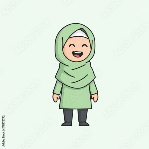 Illustration of cute cartoon girl wearing a green hijab and dress, smiling happily