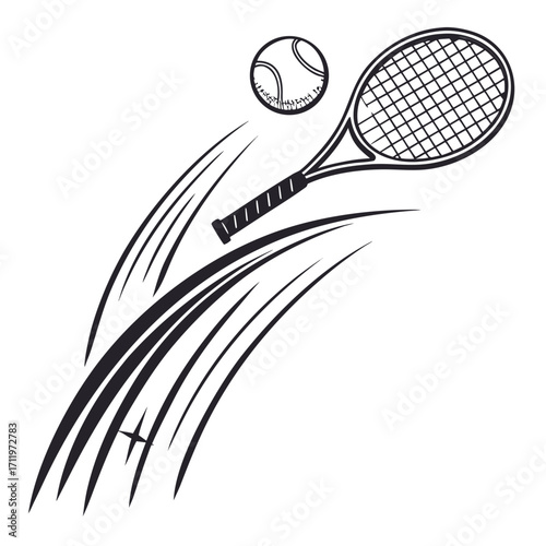 Black and white tennis racquet and ball with motion lines and starburst sport game