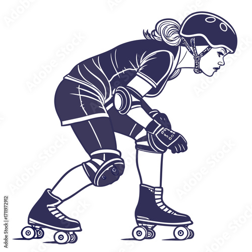 Dark blue line art roller derby player in starting crouch position on white background roller skates