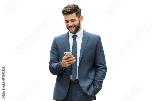Smiling businessman looking at his phone, isolated on a transparent background.