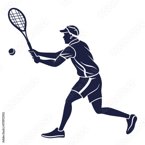 Dark blue silhouette of a male tennis player hitting a ball with a racquet on a white background hitting ball