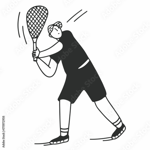 Line art illustration of a person playing racquetball with a racquet player sport