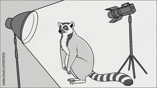 Studio Photography Lemur Posing Under Lights Animal Portrait Illustration Black and White Design.