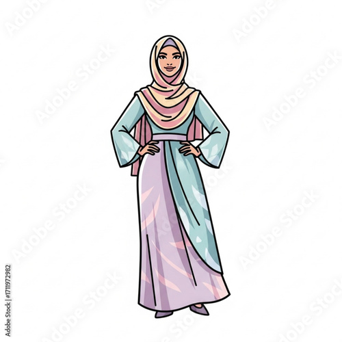 Illustration of a muslim woman wearing a hijab and a long dress