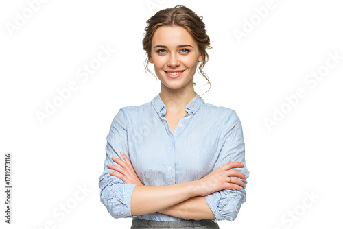 Smiling businesswoman with her arms crossed, isolated on a transparent background.