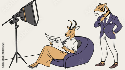 Studio photoshoot with animal characters in formal attire reading a newspaper.