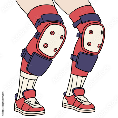 Red and blue knee pads and red sneakers on legs with cream striped socks roller derby protection