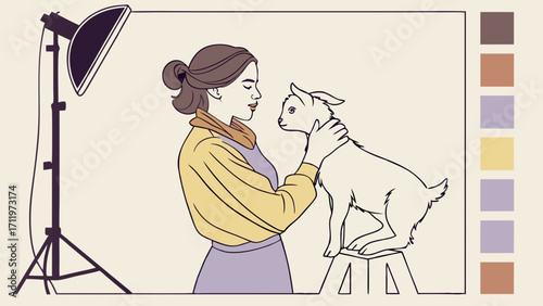 Studio portrait of a woman and a young goat.