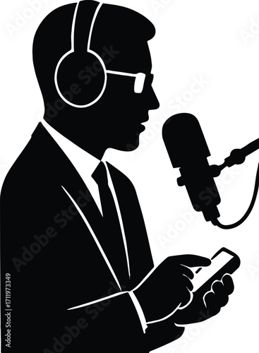 Podcaster or Broadcaster with Microphone and Phone Silhouette