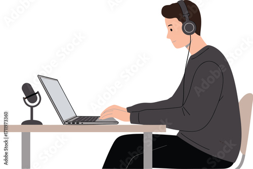 Young man with headphones works on a laptop near microphone