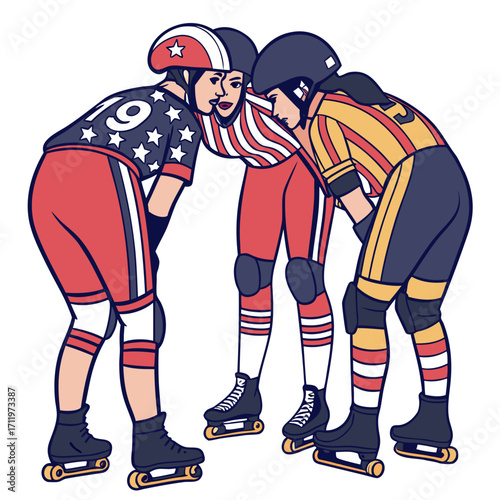 Three roller derby players in uniform huddle together on white background team women