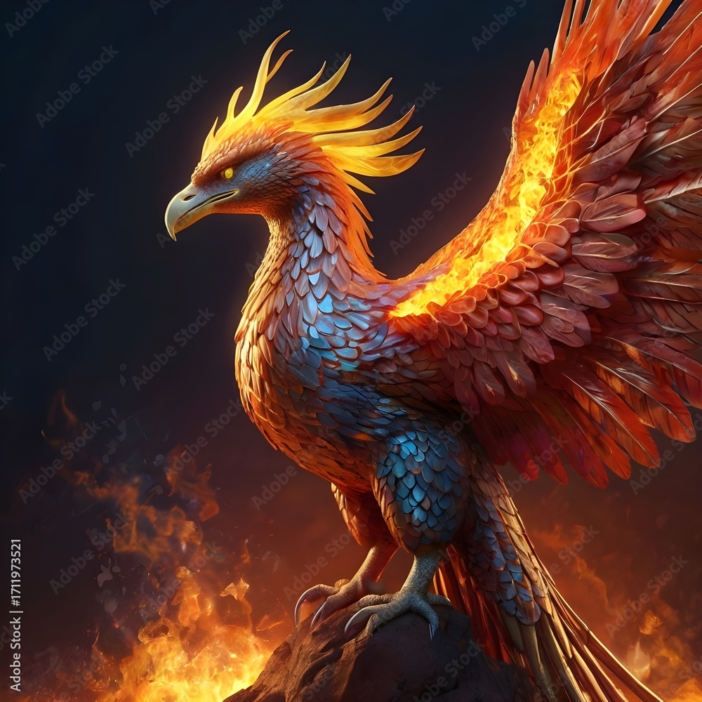 Fototapeta premium Rising Phoenix, symbolizing rebirth and resilience. Mythical conceptual illustration. AI generated image.
