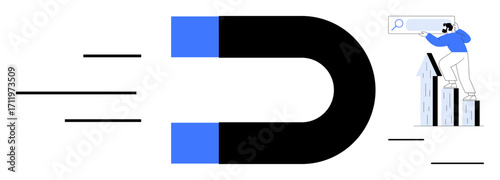 A magnet pulling towards a person with a search bar standing on growth charts. Ideal for marketing, lead generation, data, growth strategy, customer retention, sales, simple flat metaphor